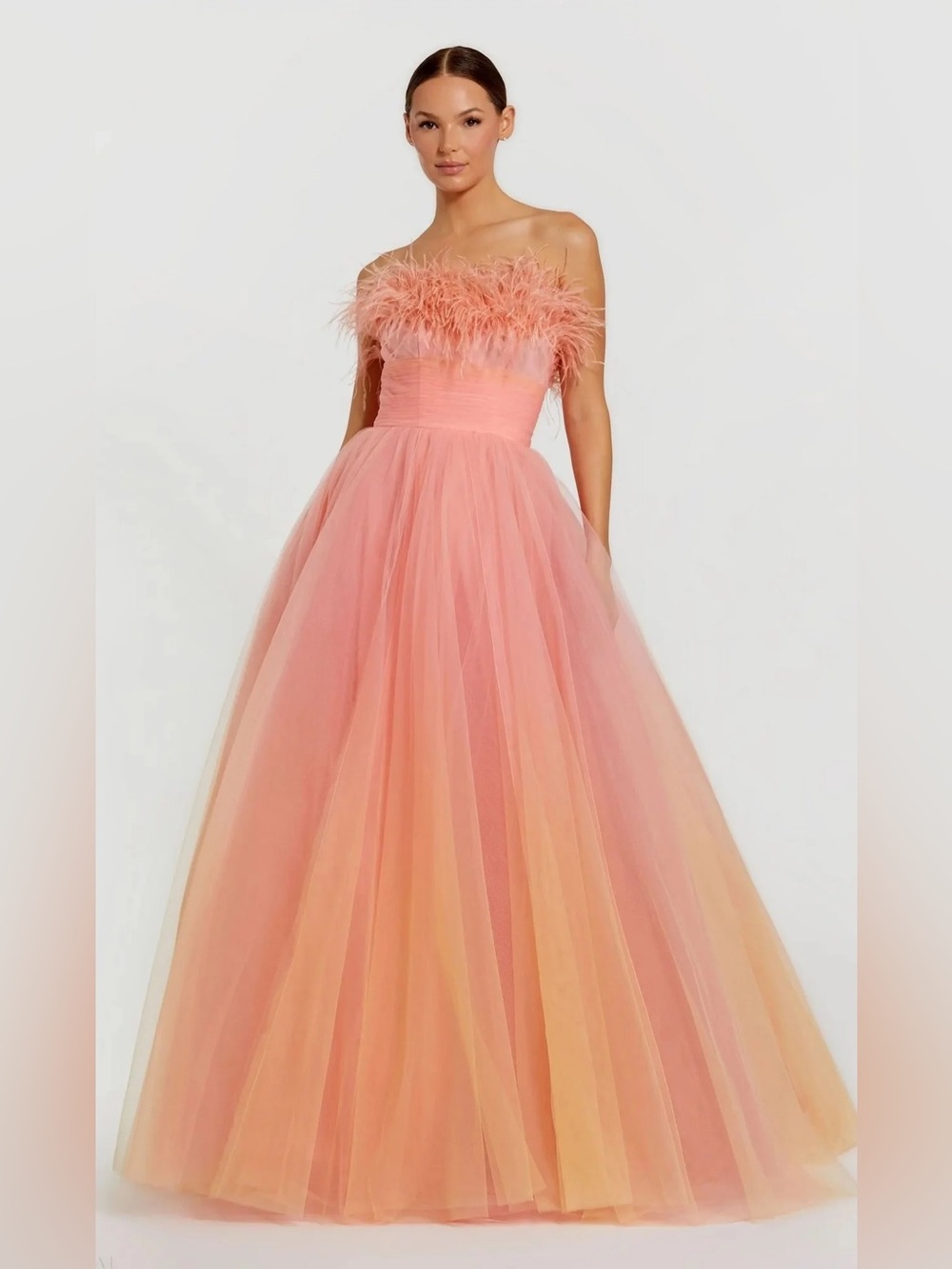 Mac Duggal Orange and Pink Ombre Strapless Feather Bodice Tulle Gown Size 8